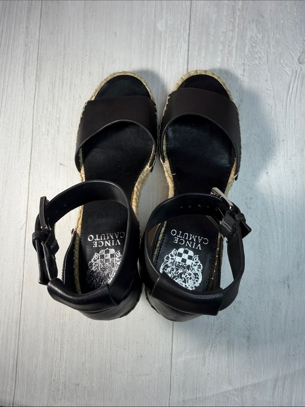 Vince Camuto Black Leather Espadrille Wedge Sandal with Ankle Strap - Picture 6 of 15